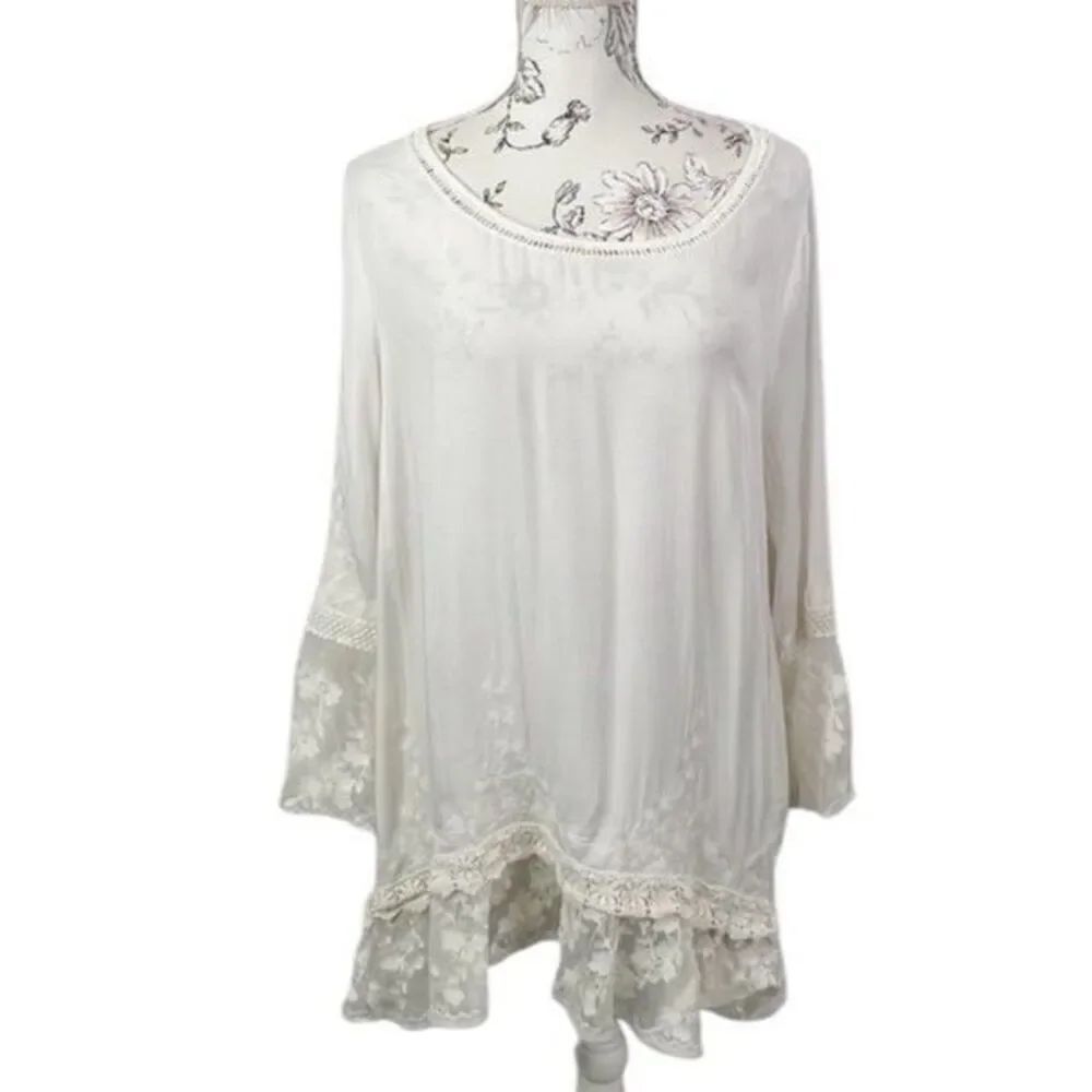 Sundance Women's M Betrothed Embroidered Lace Tunic Top White 3/4 Sleeve Rayon